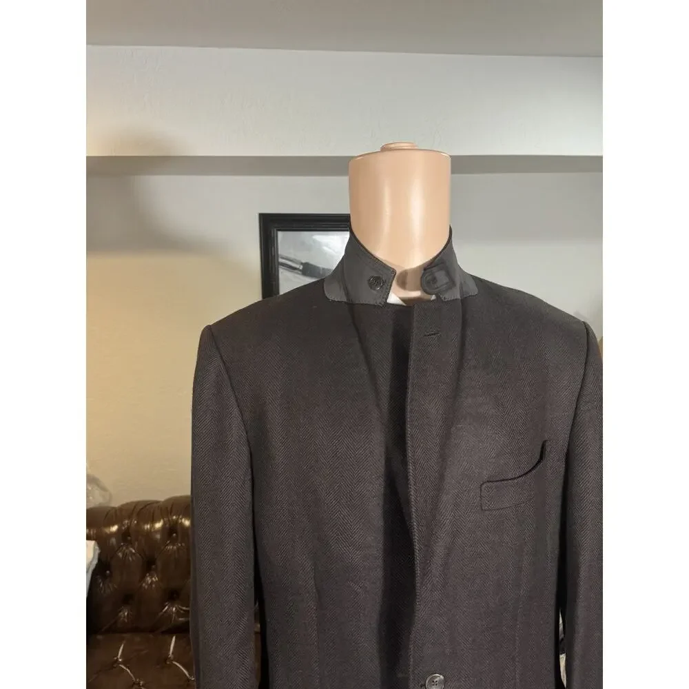 Tom Ford Brown Flannel Cashmere Herringbone Suede Storm Collar Blazer 54 44R